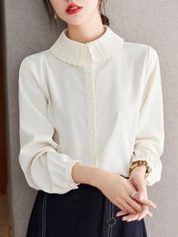 Women's Blouses QOERLIN Spring Fall 2024 French Commuter Plain Top Pleated Frilled Collar Apricot Shirt Long Sleeve Elegant Office Ladies