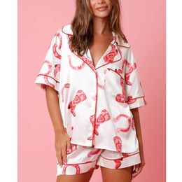 Xingqing Valentines Day Pyjamas for Women Heart Print Single Breasted Short Sleeve Shirt Top and High Waist Shorts Loungewear 240423