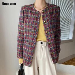 Women's Jackets Vintage Elegant Woven Tweed Coat Women Spring Autumn 2024 Trend Classic O-neck Contrast Houndstooth Wool Blend Jacket