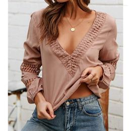 Women's Blouses Lace Deep V Neck Long Sleeve Versatile Shirt All-Matching