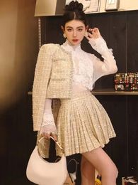 Small Fragrance Autumn Winter Beading Tweed Pearls Short Jacket Coat Mini Pleated Skirt Suit Two Piece Sets Womens Outifits 240412