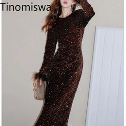 Casual Dresses Tinomiswa Feathers Patchwork Bling Evening Dress Women O-neck Long Sleeve Solid Colour Female Temperament Robe Femme