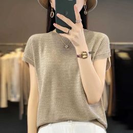 Women's T-Shirt 100% pure wool Spring and Autumn new ladies curling O-neck solid Colour knitted T-shirt Joker breathable short-sleeved shirt 240423