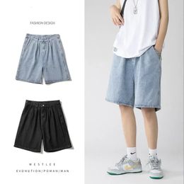 Wide Baggy Denim Shorts Men Summer Thin Solid Color Casual Loose Kneelength Pants Male Jeans Streetwear 240423