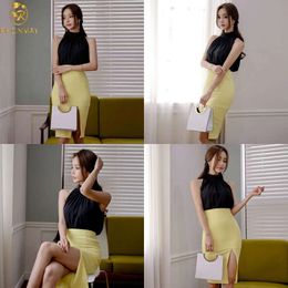 Women Summer Skirt Set Fashion Black Mesh Sleeveless Shirt Tops + High Waist Split Pencil Skirts Suit 210506 s