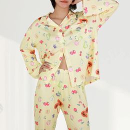 Women 2 Piece Floral Pajamas Set Lapel Button Cardigan Outfit Y2K Pullover Long Sleeve Tops Casual Pant Set Cozy Homewear Suit 240422
