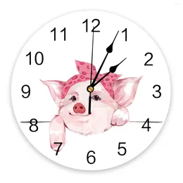 Wall Clocks Animal Cartoon Bathing Pig Watercolour Pink Printed Clock Modern Silent Living Room Home Decor Hanging Watch