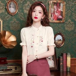 Women's Blouses Chiffon Embroidery Shirt Summer Flower Chinese Style Loose Short Sleeve Women Tops Fashion Clothing YCMYUNYAN