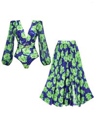 Women's Swimwear 2024 Flowers Print V-Neck Long Sleeve One Piece Swimsuit For Women Beach Dress Backless Monokini Bathing Suit Swim