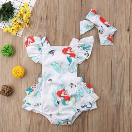 One-Pieces Newborn Baby Girls Summer Romper with Headband Mermaid Printed Ruffle Sleeve Backless Jumpsuit Outfit Fashion Baby Clothing