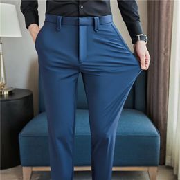 Mens Dress Pants Trousers Summer Thin Breathable Solid Casual High Elastic Slim Fit Suit Pants Streetwear Men Clothing 240412