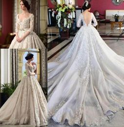 Modest Arabic Style Aline Backless Wedding Dresses Half Sleeves 3Dfloral Appliques Backless Bow Belt Bridal Gowns with Court Tra9109029