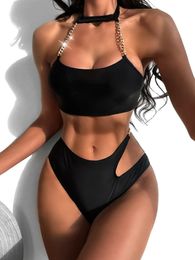 Womens 2 Pieces Swimsuit Halter ChainLink Backless Swimwear Sexy Push Up Hollow Out Bikini Set Bathing Suits Biquinis 240410