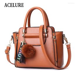 Drawstring ACELURE Tassel Fur Ball Hanging Women Shoulder Crossbody Bags Solid Colour Soft PU Leather Zipper Ladies All-match Handbags