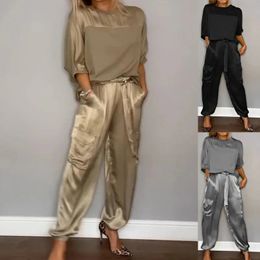 Women Satin Two Piece Set Spring Summer Fashion Solid Colour Long Sleeve Top with Trousers Loose 2 Female Suit 240418