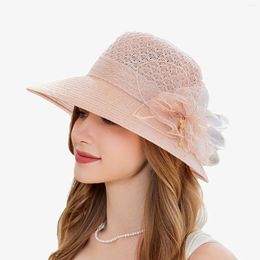 Wide Brim Hats Womens Summer Straw Elegant Flower Bridal Hat Sun Beach Panama Outdoor Foldable Cap Visors