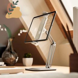 Stands Long Arm Aluminium Alloy Tablet Stand Adjustable Folding Stand Ergonomic 360°Rotatable Tablet and Phone Clamp Mount Holder