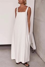 Casual Dresses White Striped Off Shoulder Sleeveless Maxi Dress For Women 2024 Summer Loose Square Collar Straight Beach Tank