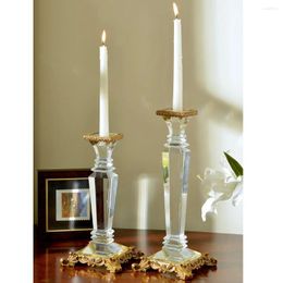Candle Holders Modern Large Size Tabletop Crystal Glass Vase With Copper Candlestick Pair Craft Holder For Home Decor