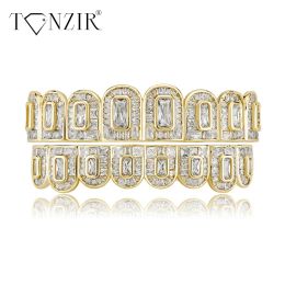 Jewelry Hip Hop Grillz Set 14K Gold Silver Plated Iced Out Zircon Fang Mouth Teeth Caps Rapper Grills Trendy Open Fang Halloween Jewelry