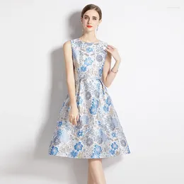 Casual Dresses High Quality Summer Dress Women Temperament Floral Jacquard O-neck Sleeveless Slim Ball Gown Tank Elegant Vestidos