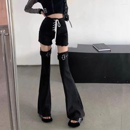 Women's Shorts Black Lace-up Short Jeans Women Fashion Goth Punk Denim With Leg Warmer Long Baggy Star Diamonds Flare Pants