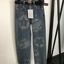 Designer Women Jeans Brand Clothing Ladies Five Pointed Star Pattern Straight Denim High Quality Trousers+ Belt Jan 08