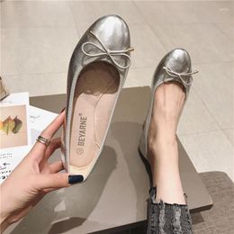 Casual Shoes Round Toe Flat For Women's Cow Tendons Soft Soles Bowknot Silver Single Versatile Ballet Girls Lovely Gold