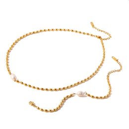 Designer's New Fashion Bracelet Necklace Set for Women Plated with 18k Gold Titanium Steel, Non Fading Natural Freshwater Pearl Oval Gold Bean Jewelry, Free Shipping