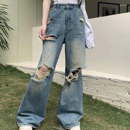 Women's Jeans Vintage Ripped For Women Loose Straight-Leg Pants Hong Kong Style Casual Wide Leg Denim Trousers Fashion Summer