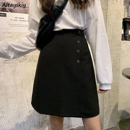 S-4XL Women Elegant Skirts Office Lady Button Simple All-match Basic Slender Vintage Fashion Korean Style Daily A-line Casual 240418