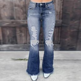 Women's Jeans Ripped For Women High Waist Flare Retro Stretchy Denim Pants Ladies Bell Bottoms Long Trousers