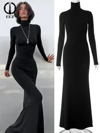 Casual Dresses Elegant Black Turtleneck Maxi Bodycon Dress For Women Sexy Long Sleeve Slim Prom Outfits Autumn Evening Noble Coquette