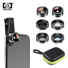 Philtres APEXEL 6 in 1 HD Phone Camera Lens Fisheye Lens Wide Angle Macro Lens CPL Philtre ND32 Fliter for Samsung iPhone all Smartphone