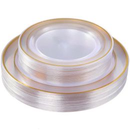 Clear Plastic Plates with Gold RimGold Disposable Dinner Dessert Premium Plate Prefect for Wedding 240411