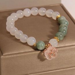 Strand Handmade Luxurious Jade And Agate Bracelet Decorated With Pink Flower Pendant