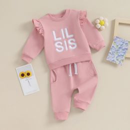 Sets Ruffle Long Sleeve Little Baby Girls Clothes 2Pcs Autumn Spring Kids Suit Fuzzy Letter Embroidery Tops Pants Toddler Outfits