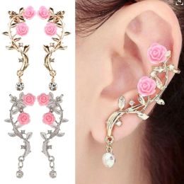 Earrings Vintage Rose Flower Cuff Earrings Trendy Rose Flower Climber Crawler Earrings Sparkly Metal Leaf Ear Cuff for Women Girl