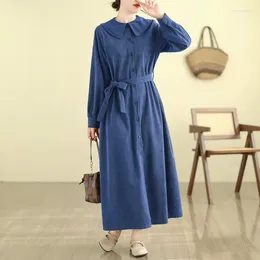 Casual Dresses 2024 Spring And Autumn Women Dress Thickened Mid Length Lace Up Waist Large Size Loose Doll Neck Corduroy Long Shirt Z4173