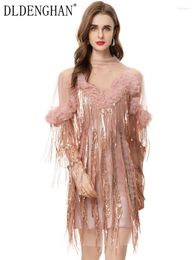 Casual Dresses DLDENGHAN Summe Mesh Dress Women's Stand Collar Long Sleeve Sequins Tassel Elegant Party Fashion Designer