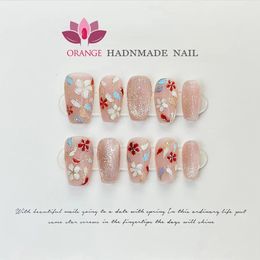 Hand made Press On Nails Flower Handpainted Design Reusable Fake Nails Artificial Manicuree Wearable Orange Nail Store For Girl 240411