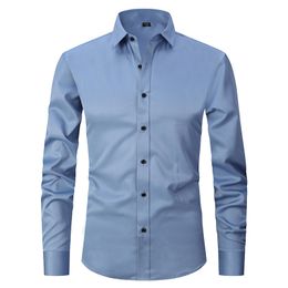 Big Size S-8XL Designer Mens Casual Shirts Solid color stretch cloth men long sleeve fashion shirt slim top Black white wine red blue Polyester tops breathable Clothes