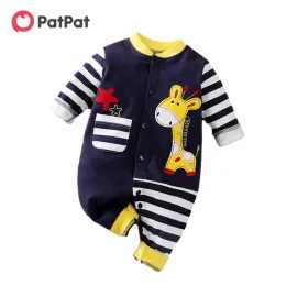 One-Pieces PatPat 100% Cotton Baby Boys / Girls Jumpsuits Cute Giraffe Embroidery Applique Stripe Design Print Longsleeve Baby Jumpsuit