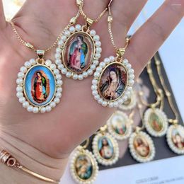 Pendant Necklaces 5Pcs 18K Gold Plated Religious Portrait Virgin Mary Jesus Christian Necklace Bead Chain Jewelry Gifts For Men Women
