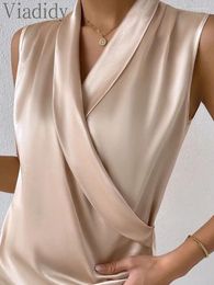 Women's Tanks Women Casual Solid Colour V Neck Ruched Sleeveless Satin Top