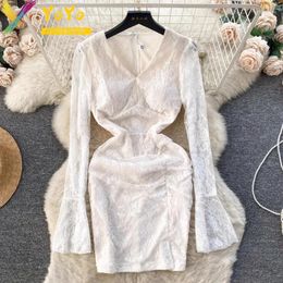 Casual Dresses 2024 Spring Black/White Lace Embroidered Flared Sleeve V-neck Dress Elegant Temperament Slim Bodycon Party Women's