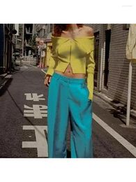 Women's Knits Women 2024 Summer Fashion Zipper Yellow Slim Short Sweaters Girls Turn-Down Collar Long Sleeve Casual Elastic Knitted Tops