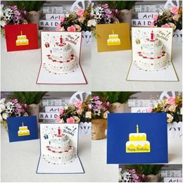 3D Pop Up Greeting Cards Happy Birthday Laser Cut Fruit Cake Shaped Postcards Gifts Card with Envelope Stickers Drop Delivery Home G Dhtle