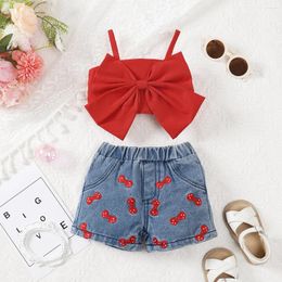 Clothing Sets 2Pcs Baby Girls Summer Born Clothes Pure Red Suspender Embroidered Printed Denim Shorts Fashion Casual Suit