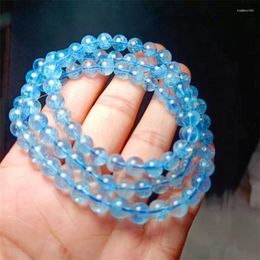 Link Bracelets 6.5mm Natural Aquamarine Triple Circle Bracelet Women Charms Christmas Fortune Energy Bangle Mineral Amulet Jewellery Gift 1PCS